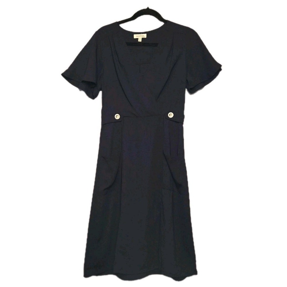Monteau Navy Blue Midi Dress Womens Medium Flutter Sleeves Button Accent Pockets